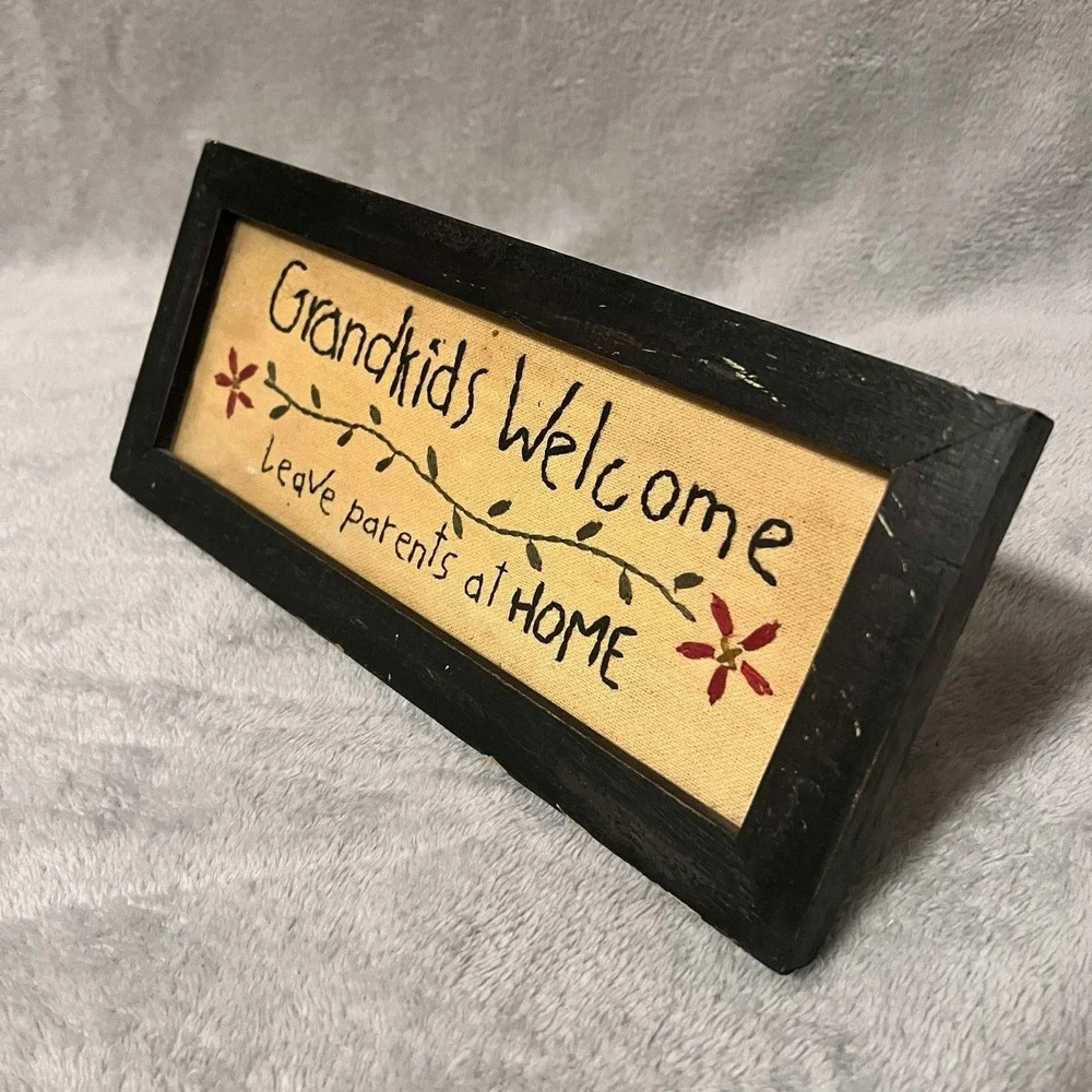 Grandkids Welcome Leave Parents At Home Wall/door Sign Stitched Handmade VINTAGE